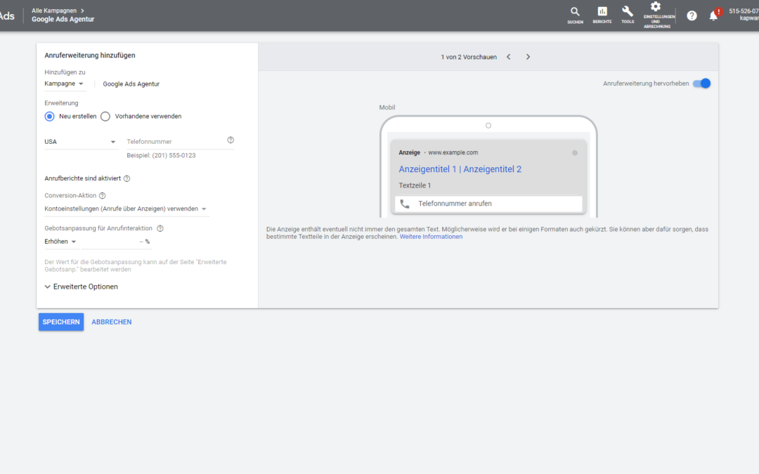 Anruferweiterungen: Google Ads Anzeige mit Telefonnummer erweitern