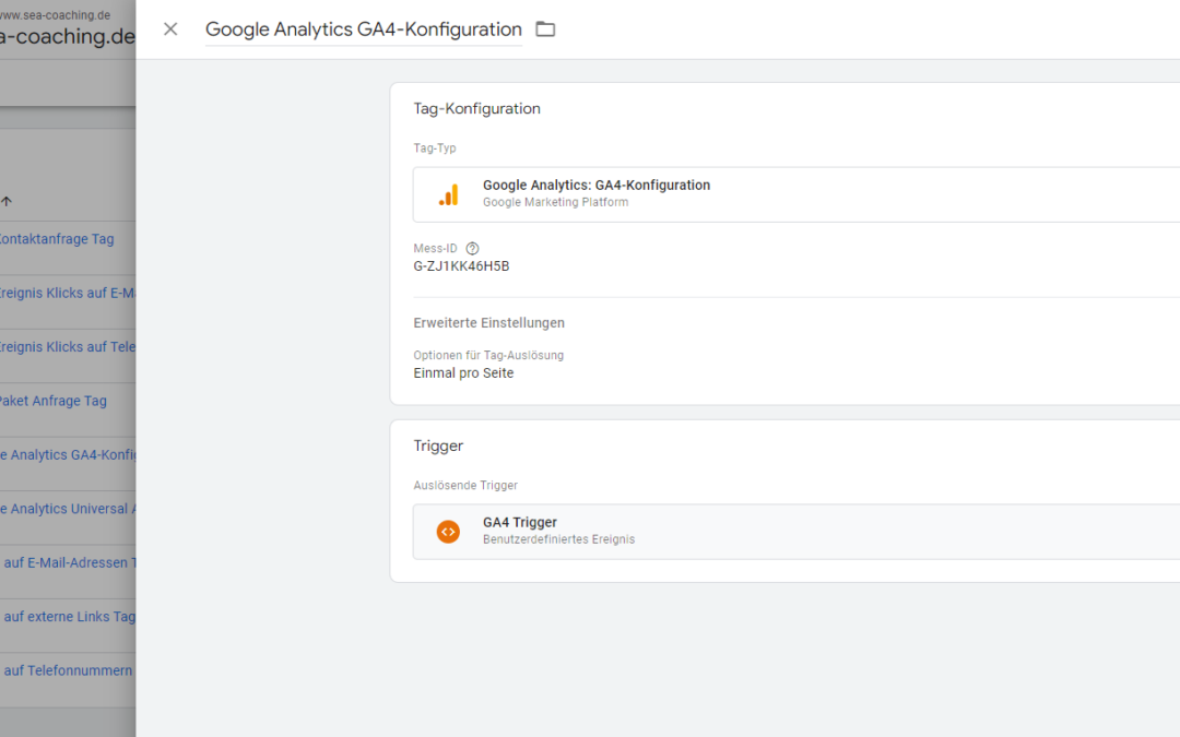 Screenshot: Fertiger Google Analytics GA4-Konfiguration Tag mit GA4 Trigger
