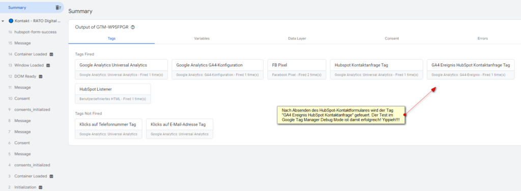 Screenshot: Erfolgreicher Test im Google Tag Manager Debug Mode: GA$-Ereignis Hubspot Kontaktanfrage Tag-gefeuert