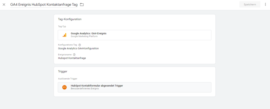 Screenshot: Einstellungen für Ga4-Ereignis HubSpot Kontaktanfrage Tag