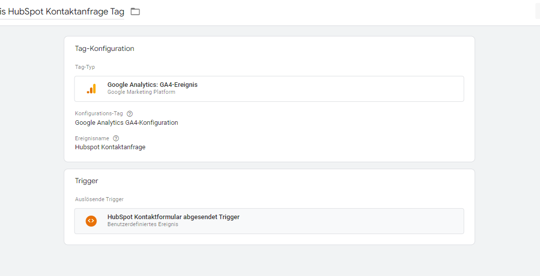Screenshot: Einstellungen für Ga4-Ereignis HubSpot Kontaktanfrage Tag