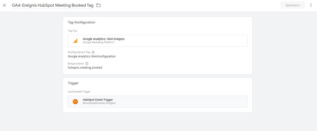 Screenshot: GA4-Ereignis Hubspot Meeting booked Tag