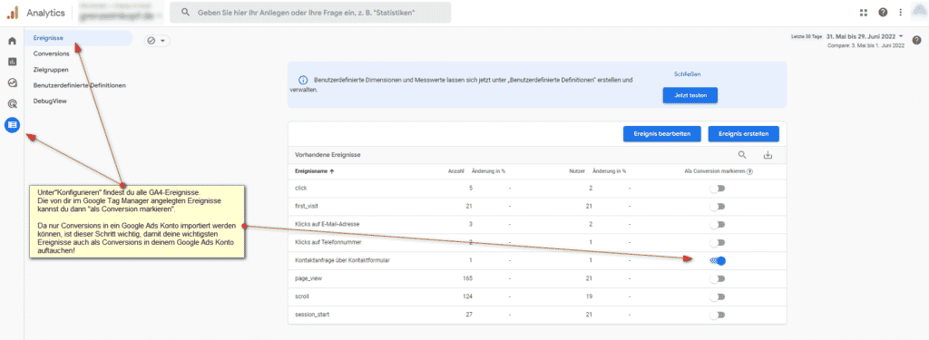 Screenshot: GA4 Ereignis "Kontaktanfrage über Kontaktformular" unter "Konfigurieren" als Conversion markieren