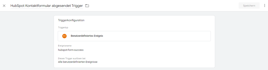 Screenshot: Einstellungen für HubSpot Kontaktformular abgesendet Trigger