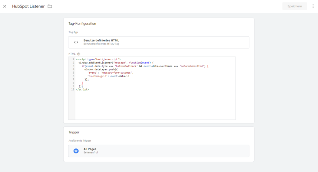 Screenshot: HubSpot Listener: Script für den benutzerdefinierten HTML-Tag in GTM