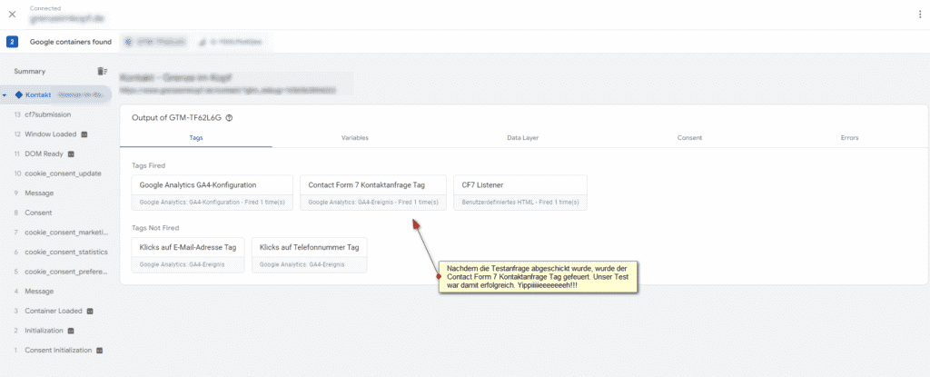 Screenshot: Erfolgreicher Test im Google Tag Manager Vorschau-Modus: Contact Form 7 Kontaktanfrage Tag gefeuert