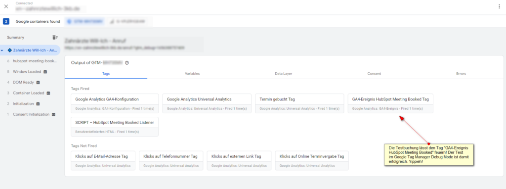 Screenshot: Test im Google Tag Manager Debug Mode erfolgreich: GA4-Ereignis Hubspot Meeting Booked Tag gefeuert nach Testbuchung