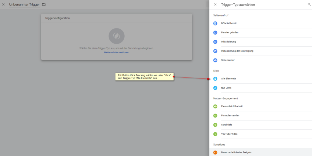Screenshot: Button Klick Tracking: Trigger-Typ Alle Elemente