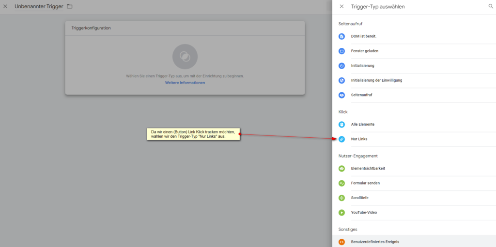 Screenshot: Button Link Tracking: Trigger-Typ Nur Links