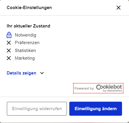 Screenshot: Cookiebot Cookie-Einstellungen: nur notwendige Cookies akzeptiert