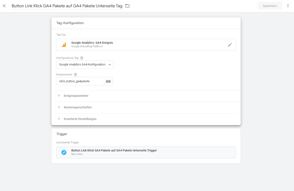 Screenshot: Finaler Tag für das Button Link Tracking beim Beispiel 1
