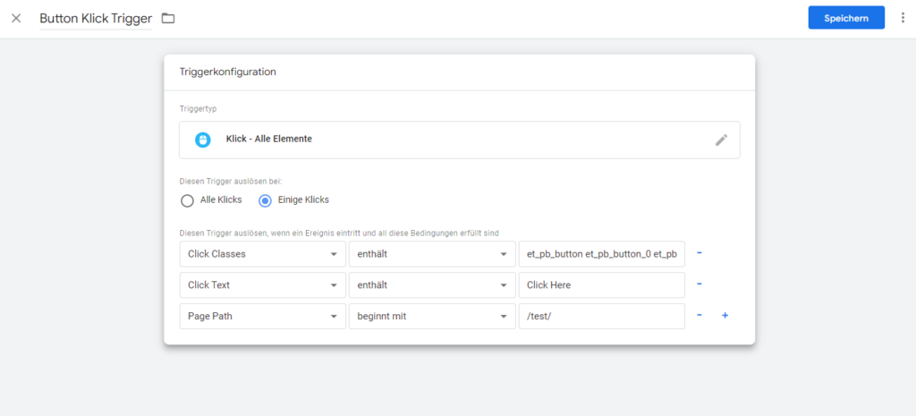Screenshot: Finaler Trigger für Button Klick Tracking (Beispiel 2)