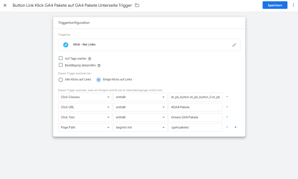 Screenshot: Finaler Trigger für das Button Link Tracking beim Beispiel 1