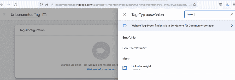 Auswahl des LinkedIn Insight Tag Typs im Google Tag Manager