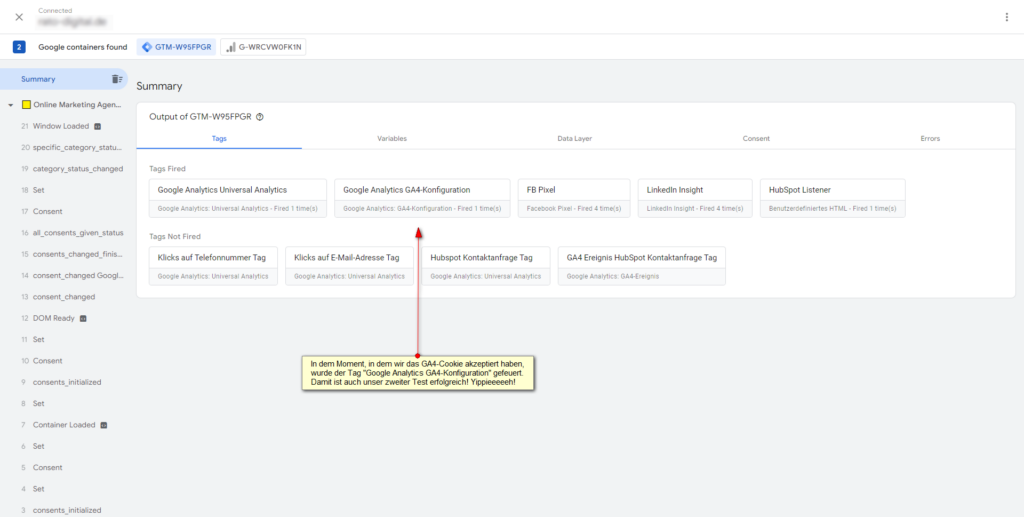 Screenshot: Test erfolgreich: Google Analytics GA4-Konfiguration Tag feuert, da GA4 Cookie über die Cookie-Einstellungen von Usercentrics akzeptiert wurde