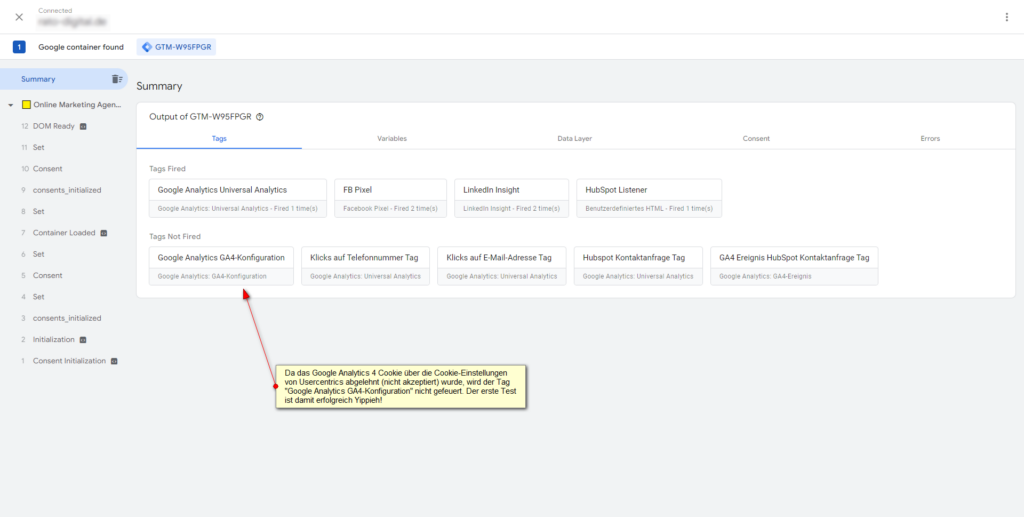 Screenshot: Test erfolgreich: Google Analytics GA4-Konfiguration Tag feuert nicht, da GA4 Cookie über die Cookie-Einstellungen von Usercentrics abgelehnt wurde
