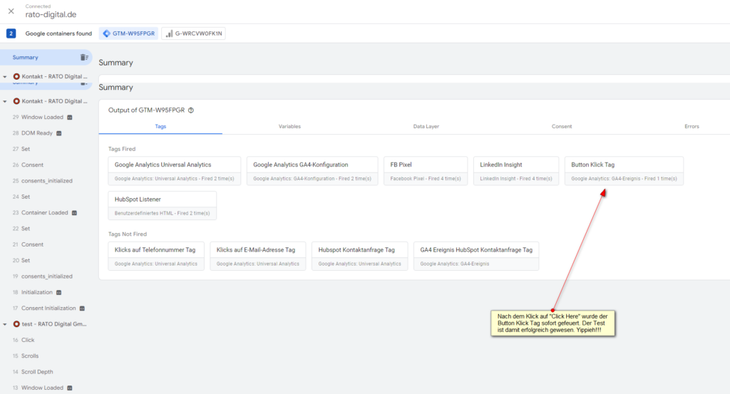 Screenshot: Test im GTM Debug Mode: Button Klick Tag feuert nach Klick auf "Click Here"