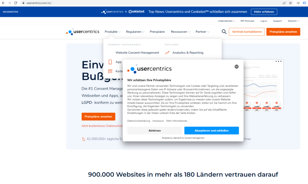 Screenshot: Usercentrics Cookie-Hinweis