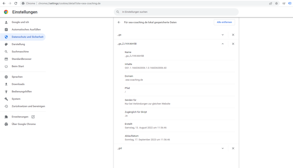 Screenshot: Details zu Marketing-Cookies (Google Analytics Universal Analytics und GA4) von sea-coaching.de