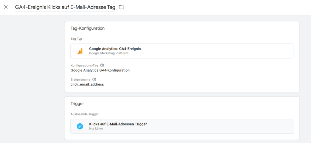 Tag-Konfiguration für das Tracking eines GA4-Ereignisses im GTM (Google Tag Manager)