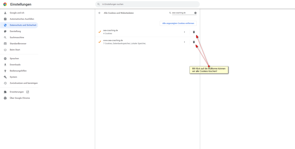 Screenshot: Löschen aller Cookies einer Website unter Einstellungen bei Google Chrome