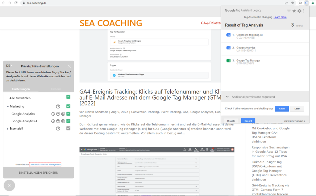 Screenshot: Marketing-Cookies über Usercentrics Cookie-Einstellungen akzeptiert: Google Analytics Universal Analytics Tag und GA4-Konfigurations-Tag laden laut Google Tag Assistant