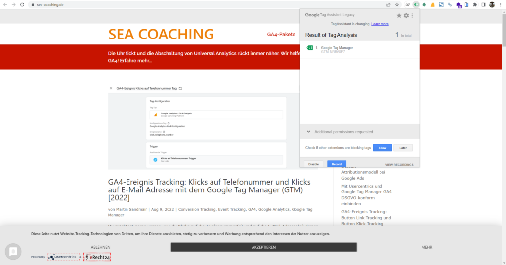 Screenshot: Die Website sea-coaching.de nach Löschen aller Cookies: Cookie-Hinweis erscheint und leerer GTM-Container lädt